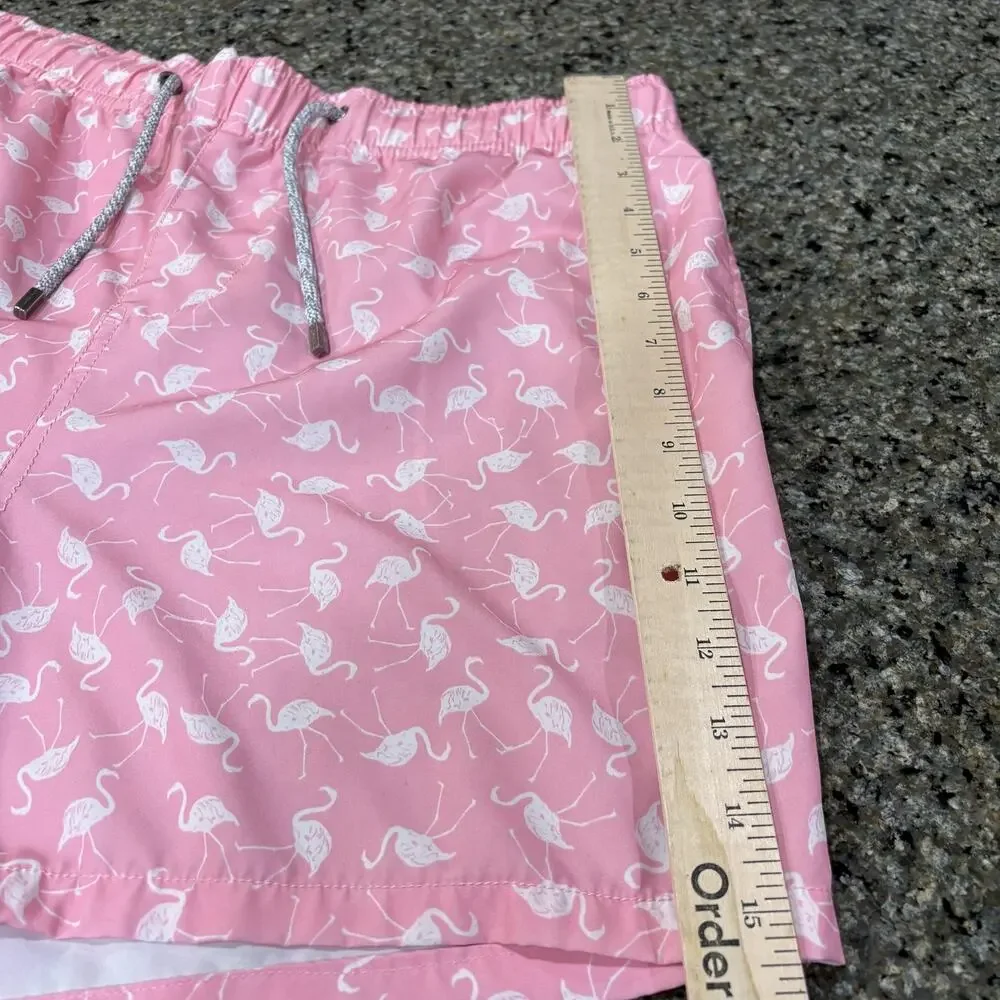 Vintage Summer Shorts Mens M Pink Flamingo Swim Trunks Lined Elastic Waist Pool